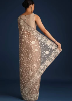 Light Brown Organza Resham Thread Embroidered Saree