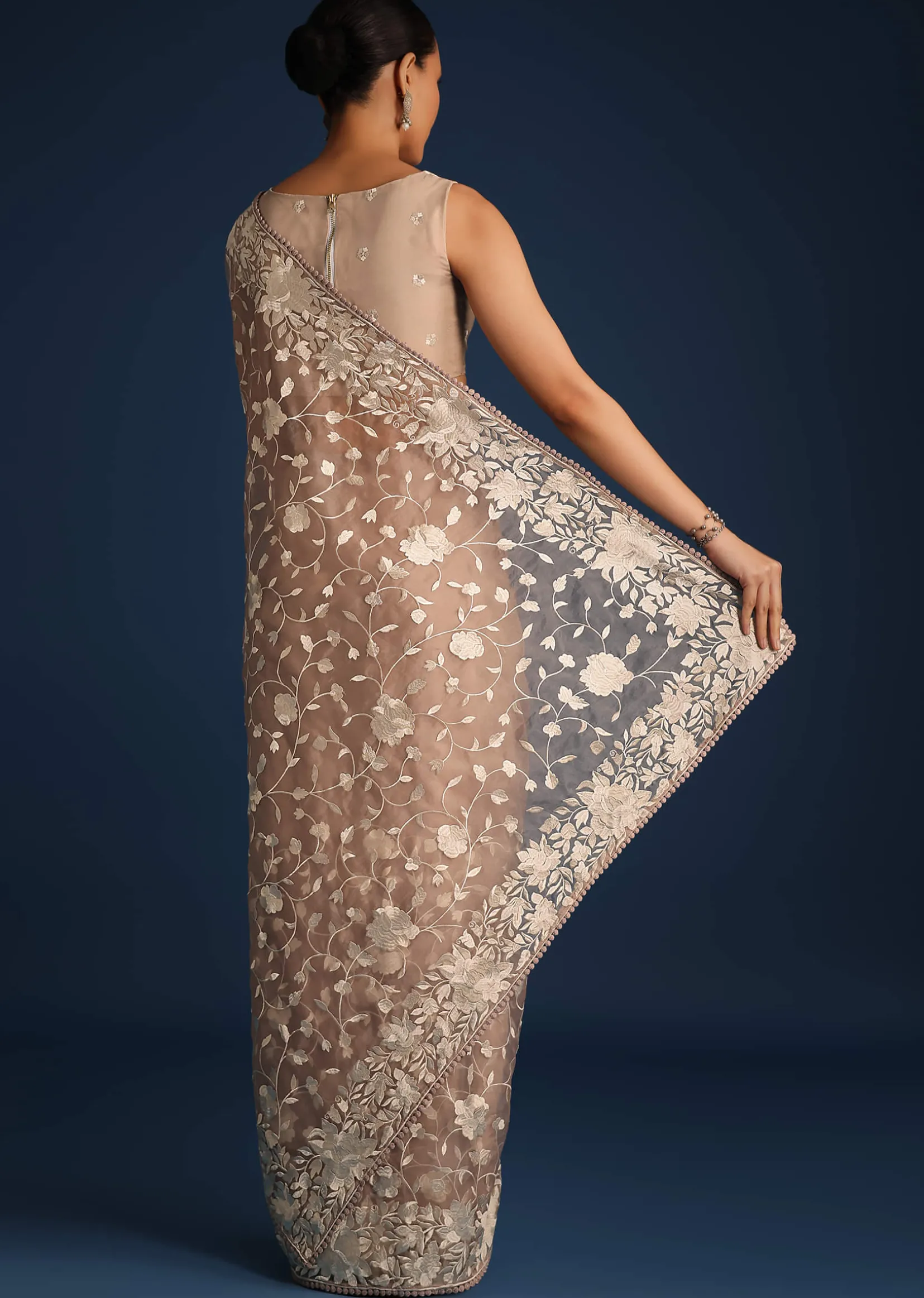 Light Brown Organza Resham Thread Embroidered Saree