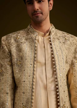 Light Gold Silk Open Sherwani Set With Zardosi Handwork
