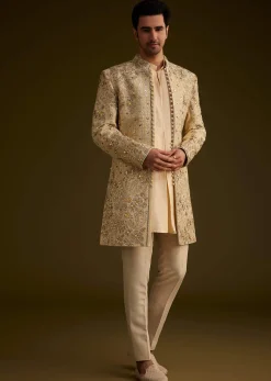 Light Gold Silk Open Sherwani Set With Zardosi Handwork