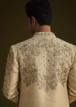 Light Gold Silk Open Sherwani Set With Zardosi Handwork