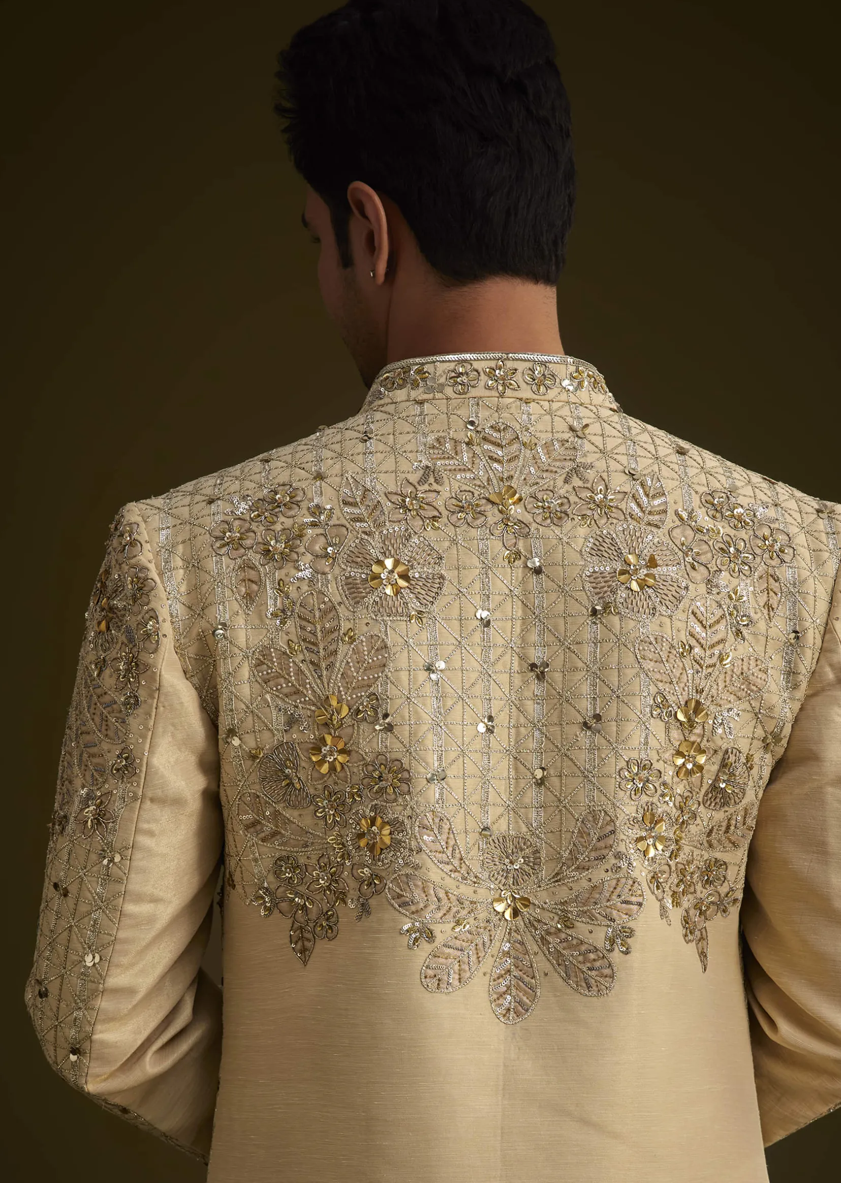 Light Gold Silk Open Sherwani Set With Zardosi Handwork
