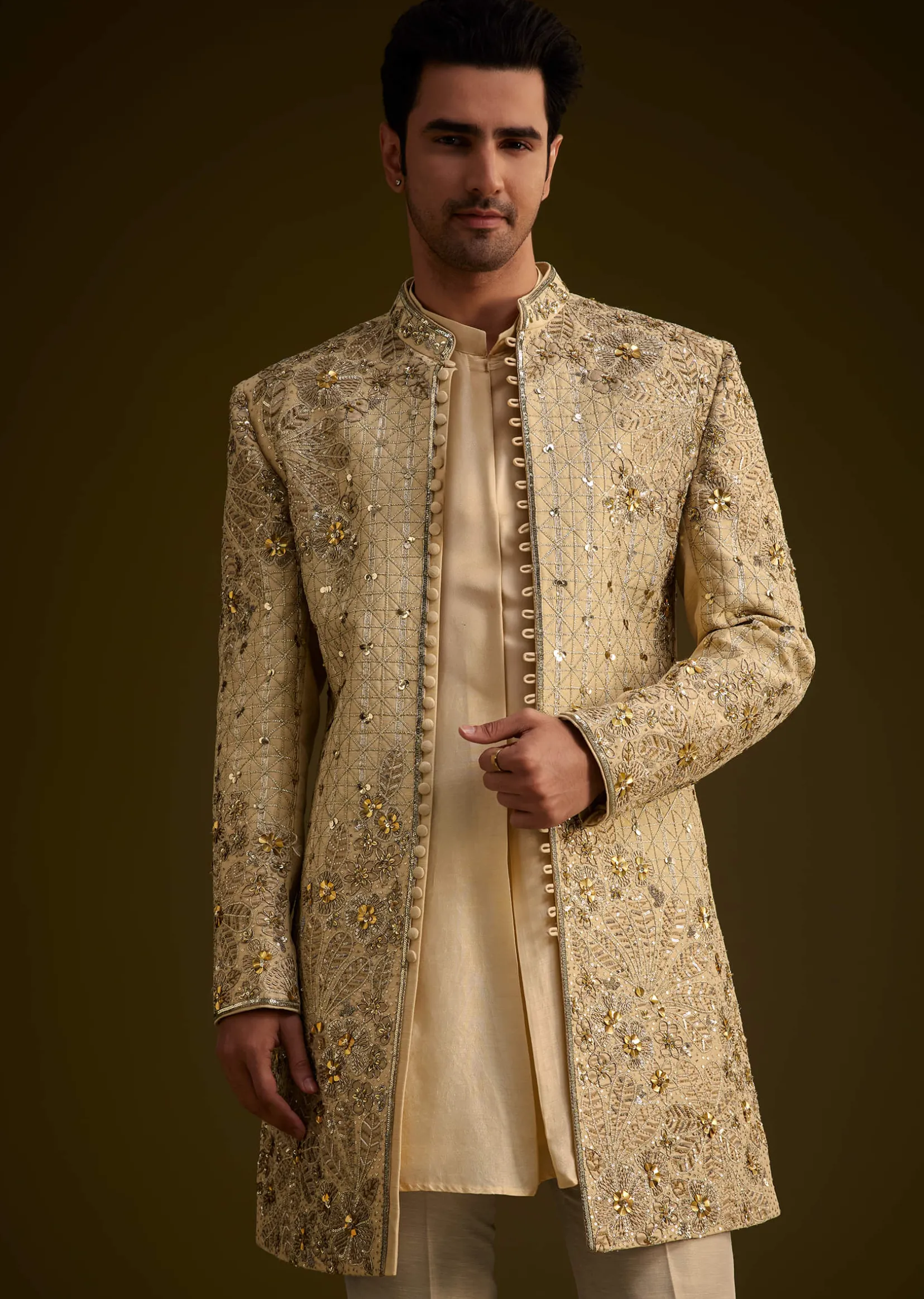 Light Gold Silk Open Sherwani Set With Zardosi Handwork