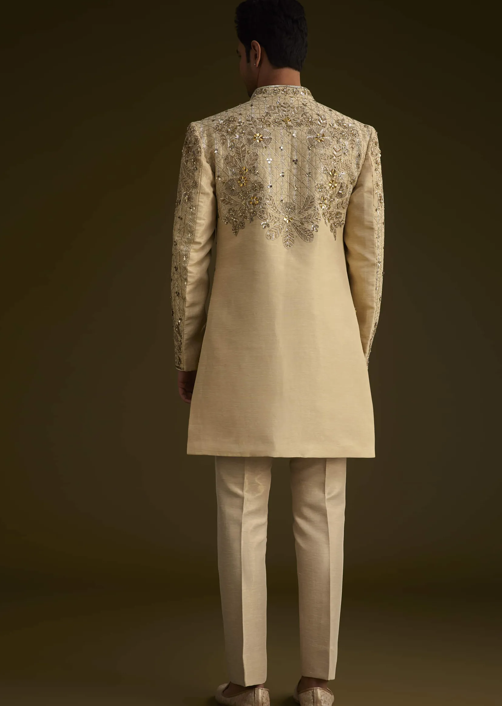 Light Gold Silk Open Sherwani Set With Zardosi Handwork