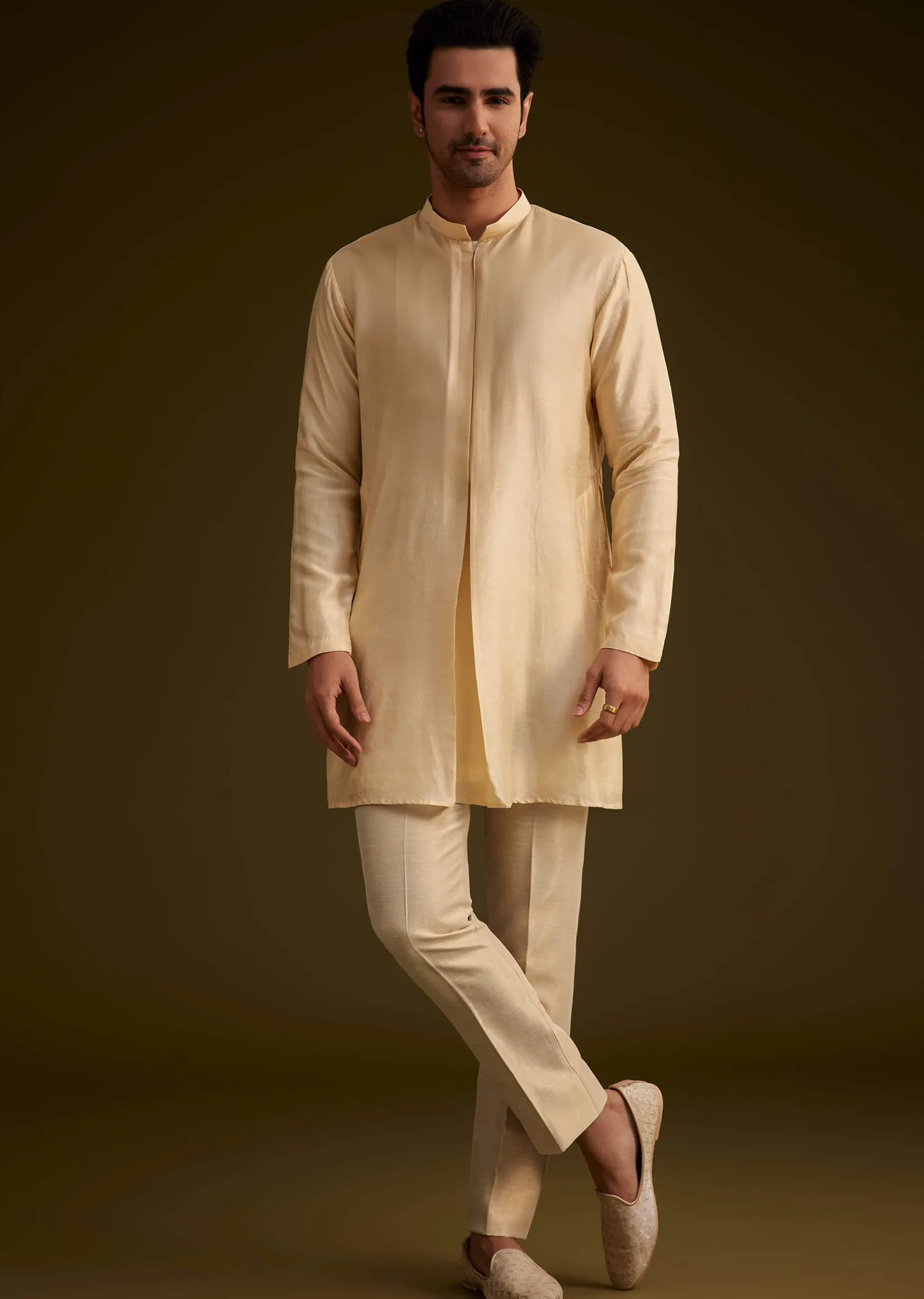 Light Gold Silk Open Sherwani Set With Zardosi Handwork