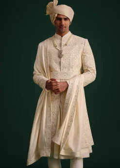 Light Gold Silk Sherwani Set With Kamarbandh And Mala