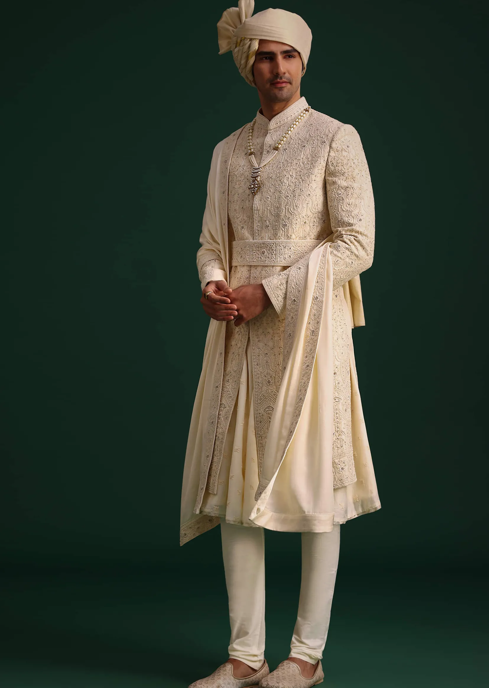 Light Gold Silk Sherwani Set With Kamarbandh And Mala