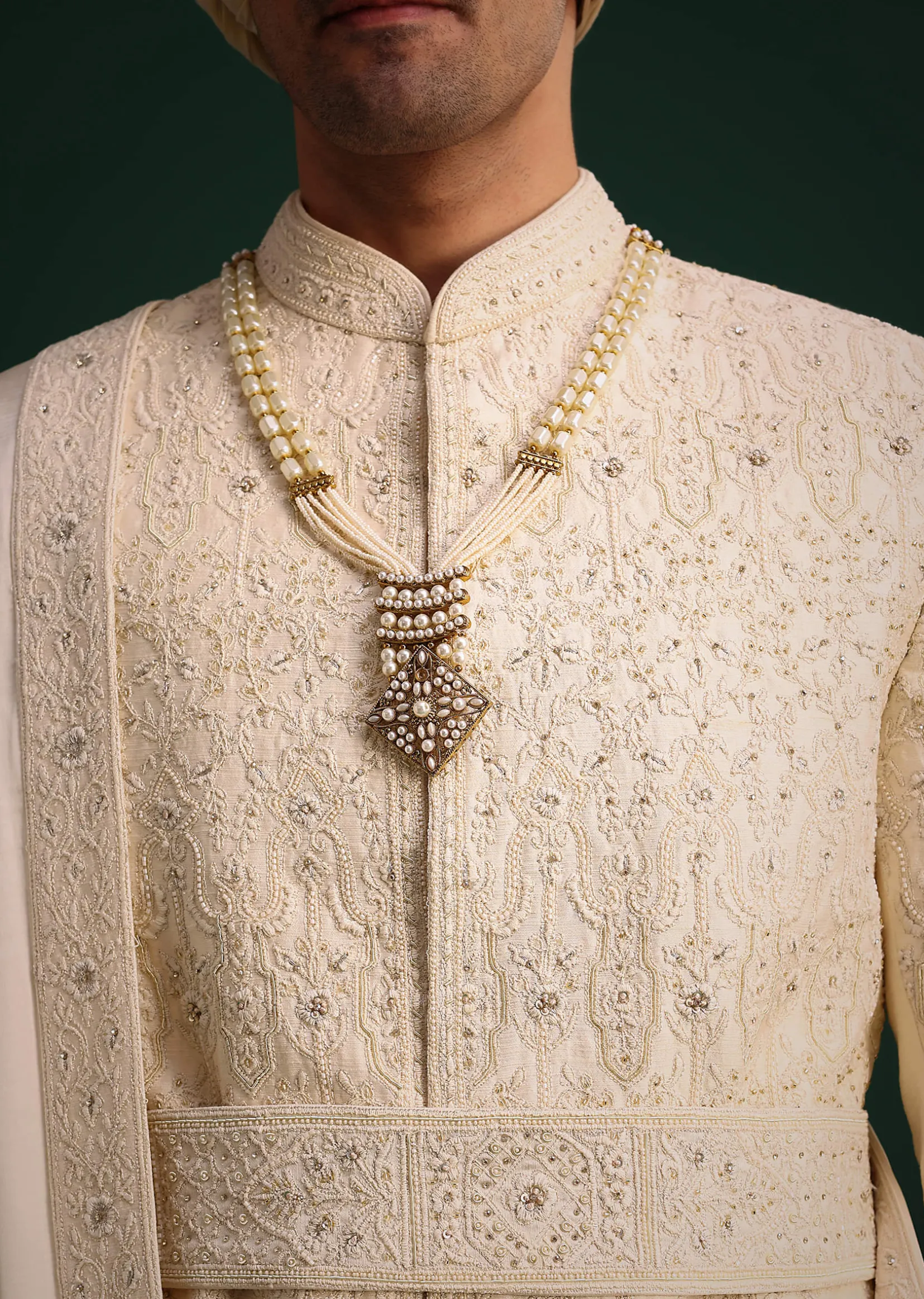 Light Gold Silk Sherwani Set With Kamarbandh And Mala