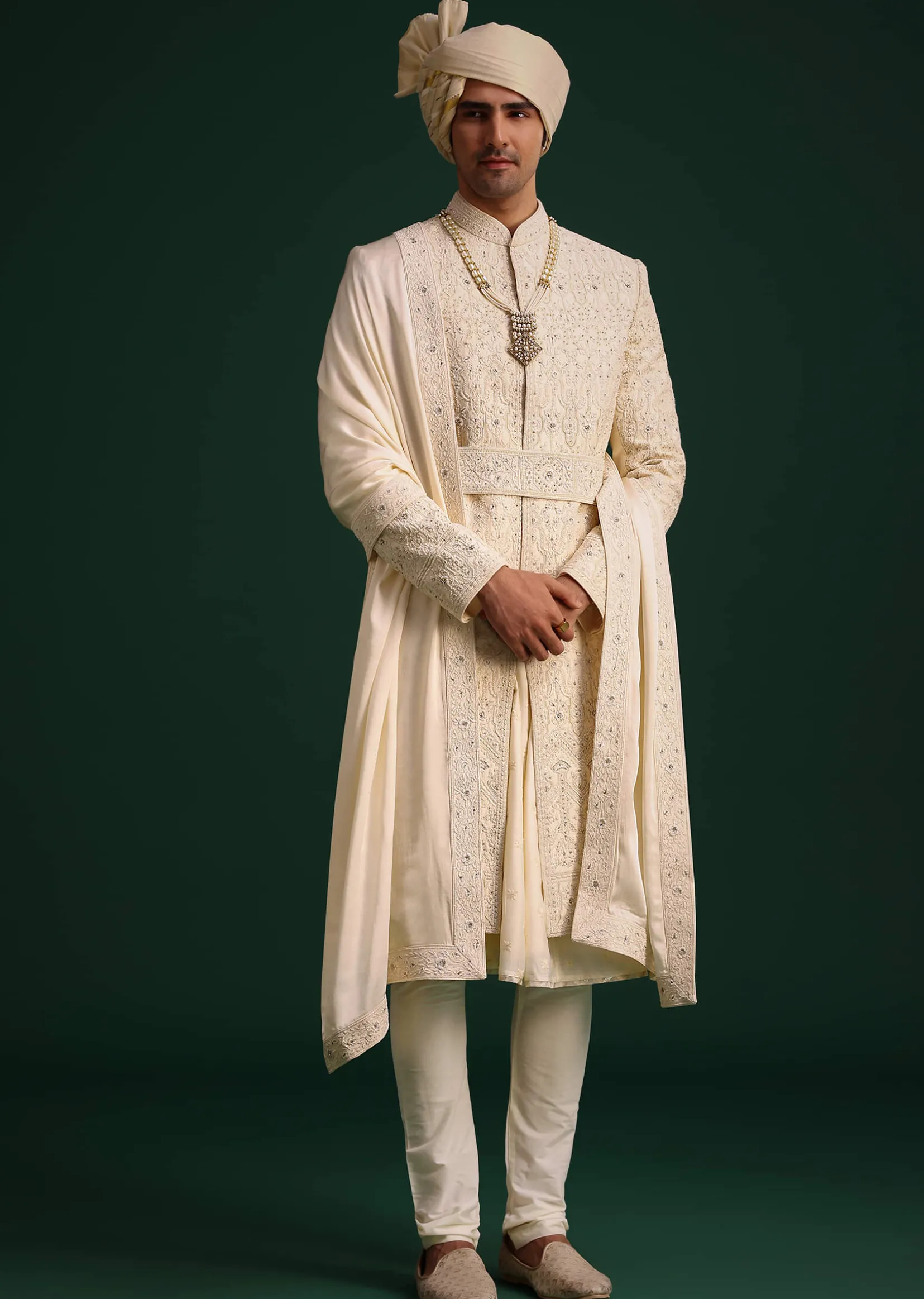 Light Gold Silk Sherwani Set With Kamarbandh And Mala