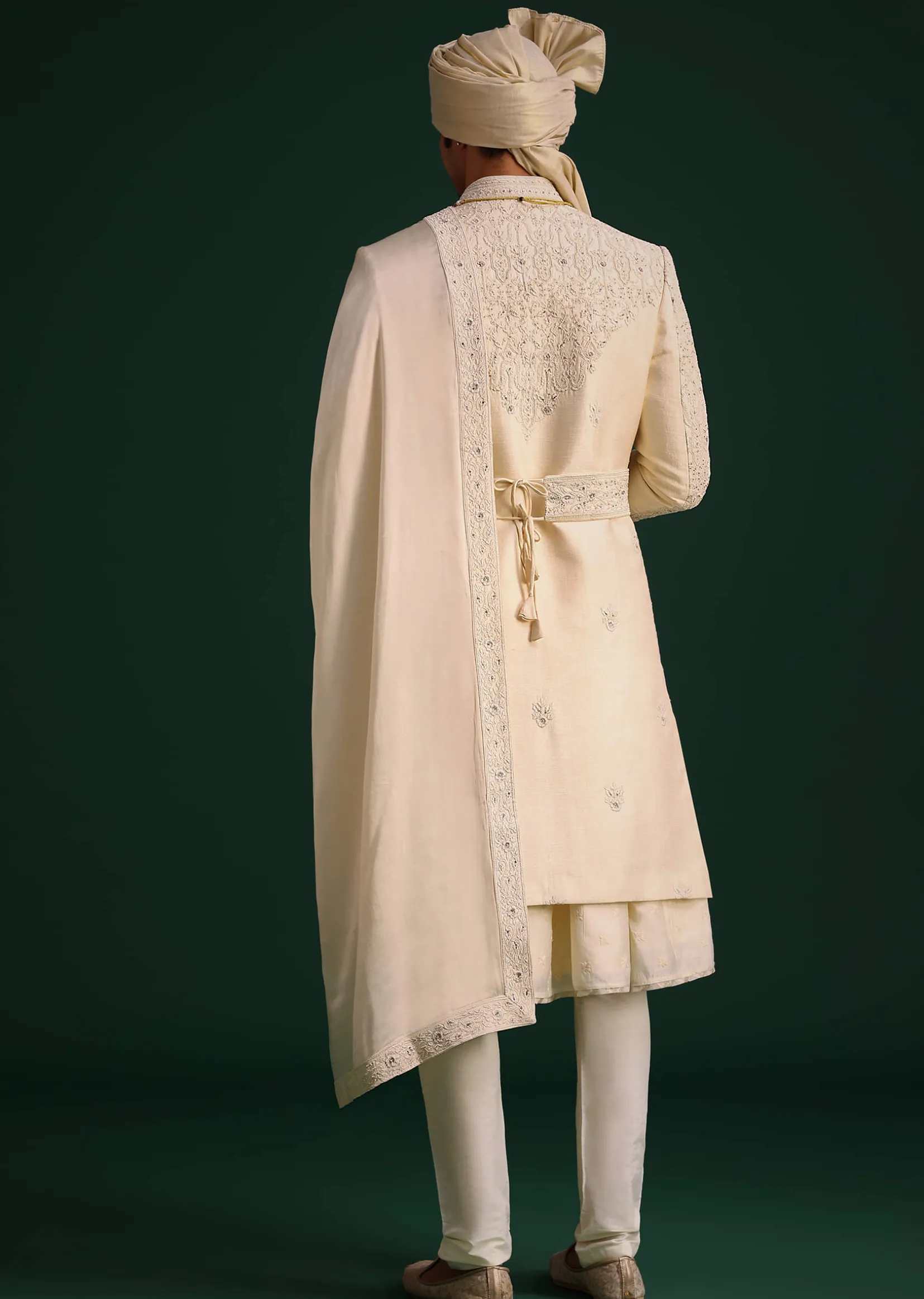 Light Gold Silk Sherwani Set With Kamarbandh And Mala