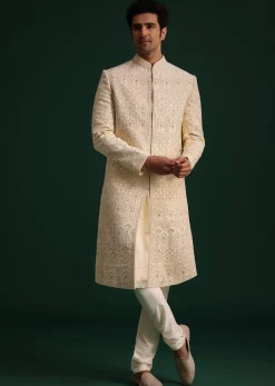 Light Gold Silk Sherwani Set With Kamarbandh And Mala