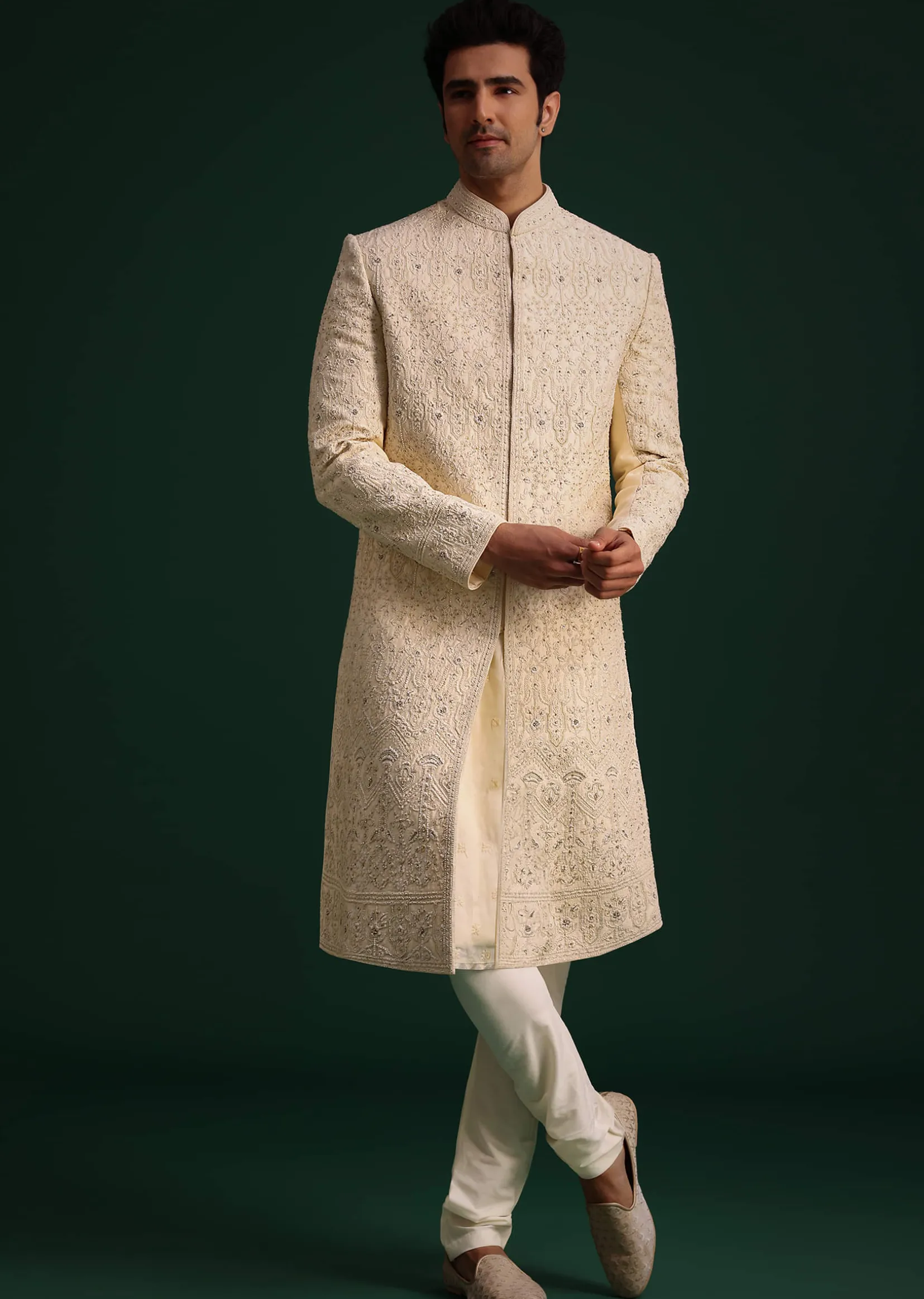 Light Gold Silk Sherwani Set With Kamarbandh And Mala