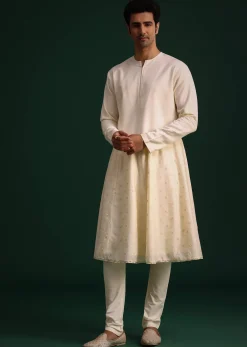 Light Gold Silk Sherwani Set With Kamarbandh And Mala