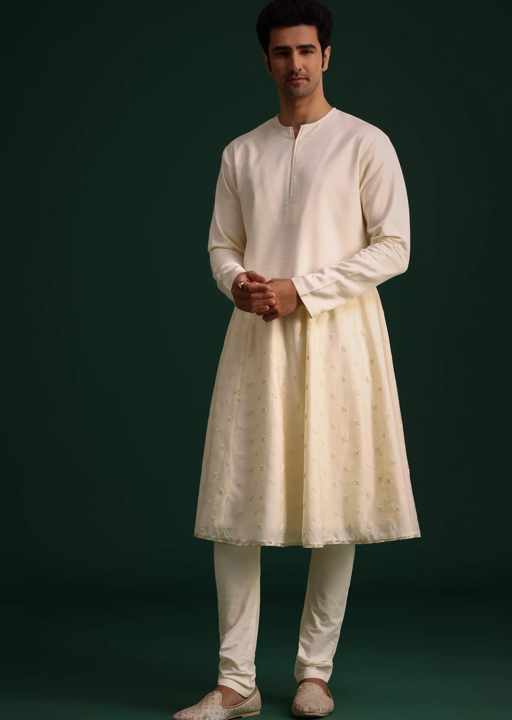 Light Gold Silk Sherwani Set With Kamarbandh And Mala