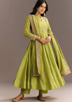 Light Green Chanderi Anarkali With Gotta Moti Neckline And Lace Dupatta