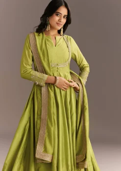 Light Green Chanderi Anarkali With Gotta Moti Neckline And Lace Dupatta