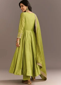 Light Green Chanderi Anarkali With Gotta Moti Neckline And Lace Dupatta
