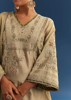Light Green Chanderi Kurta Set With Organza Dupatta And Tassel Tie-Up Back