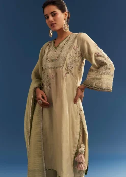 Light Green Chanderi Kurta Set With Organza Dupatta And Tassel Tie-Up Back