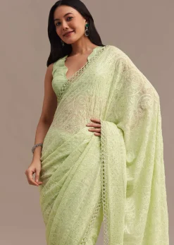 Light Green Chikankari Georgette Saree With Stone Embellishments