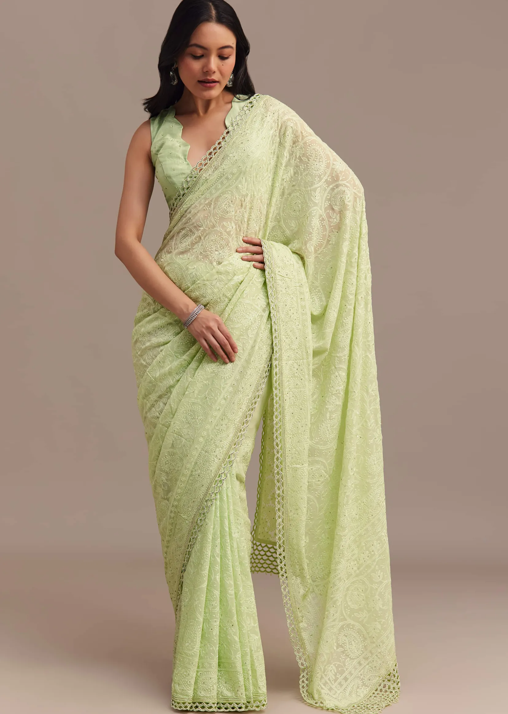Light Green Chikankari Georgette Saree With Stone Embellishments