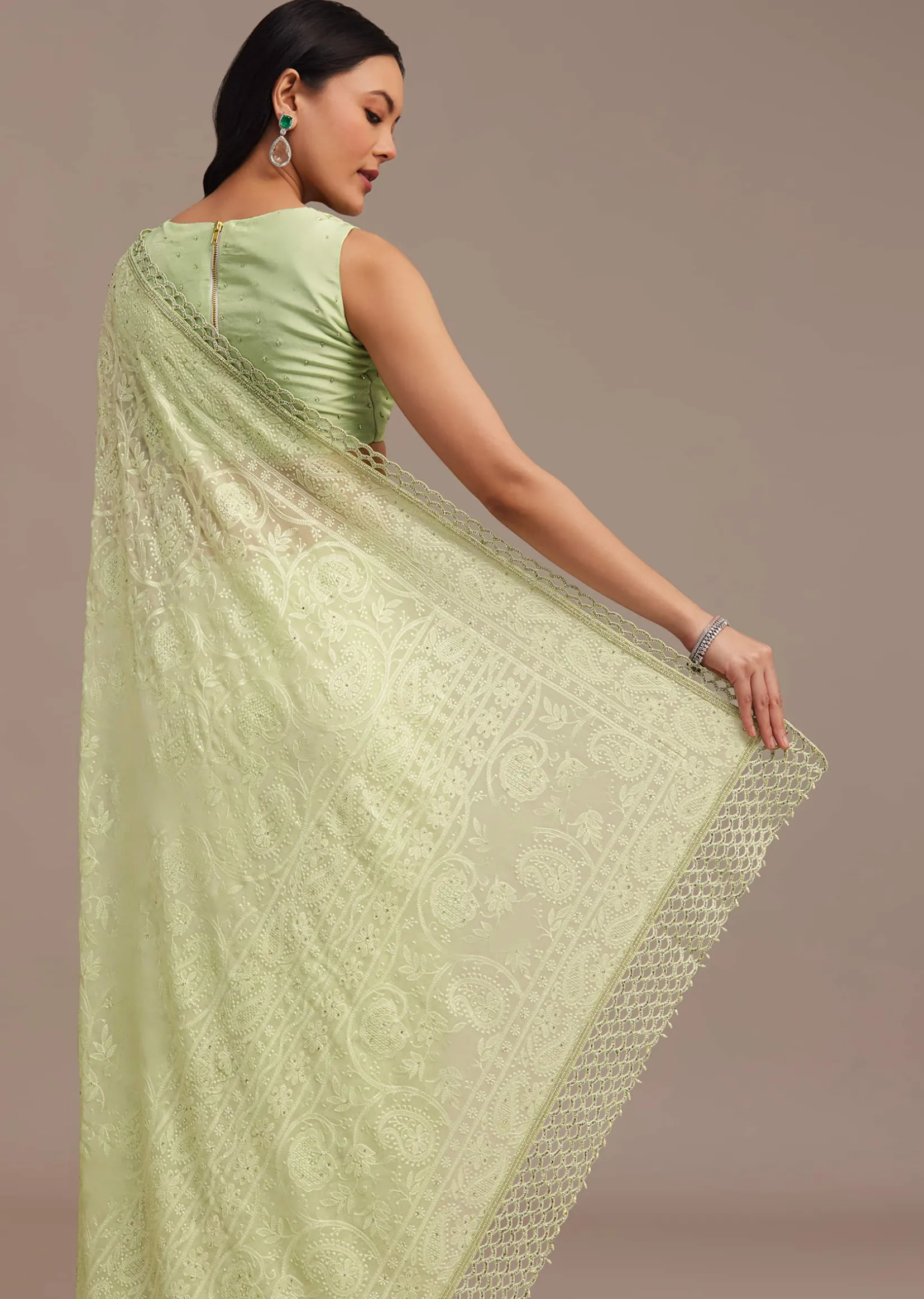 Light Green Chikankari Georgette Saree With Stone Embellishments