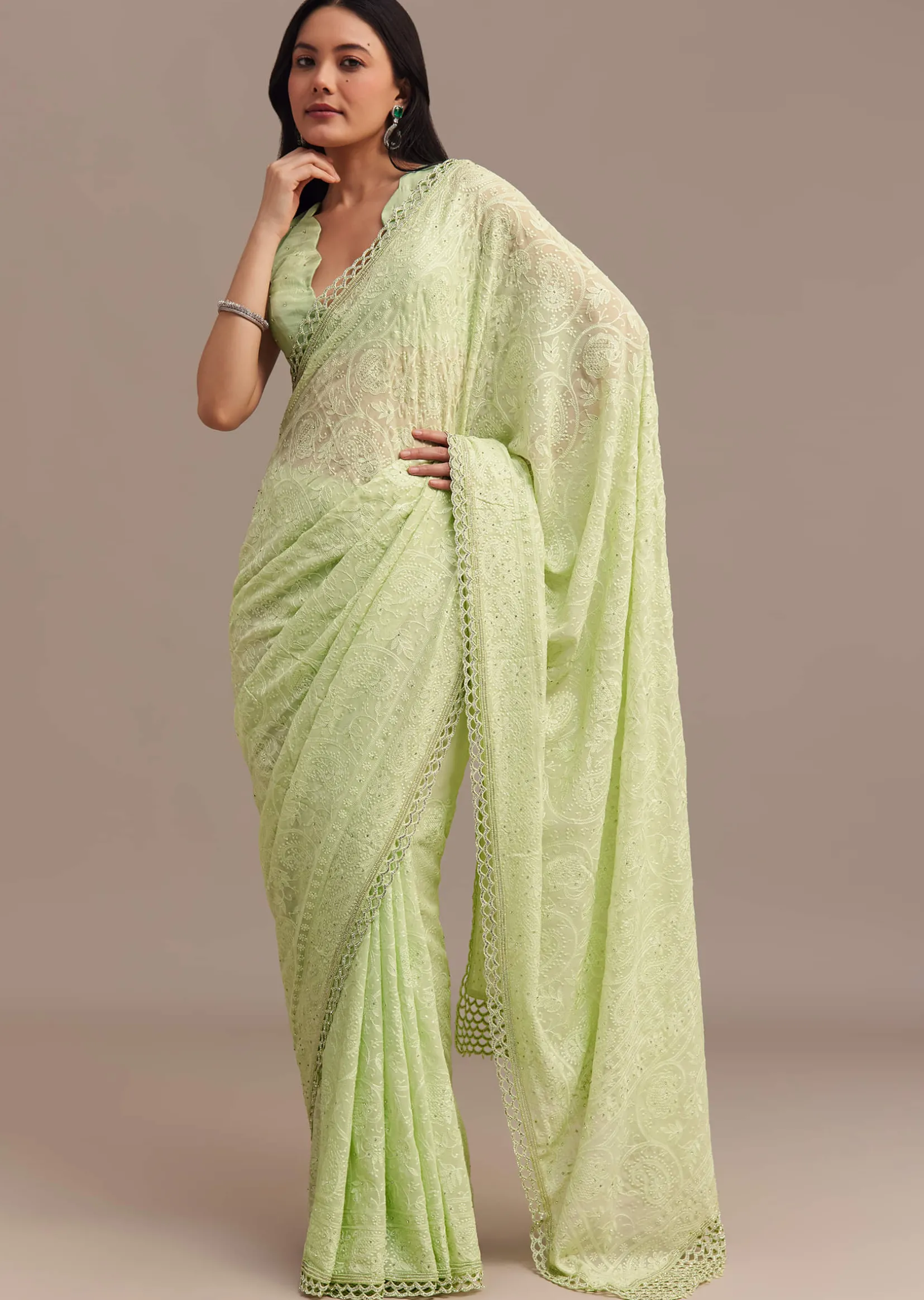 Light Green Chikankari Georgette Saree With Stone Embellishments