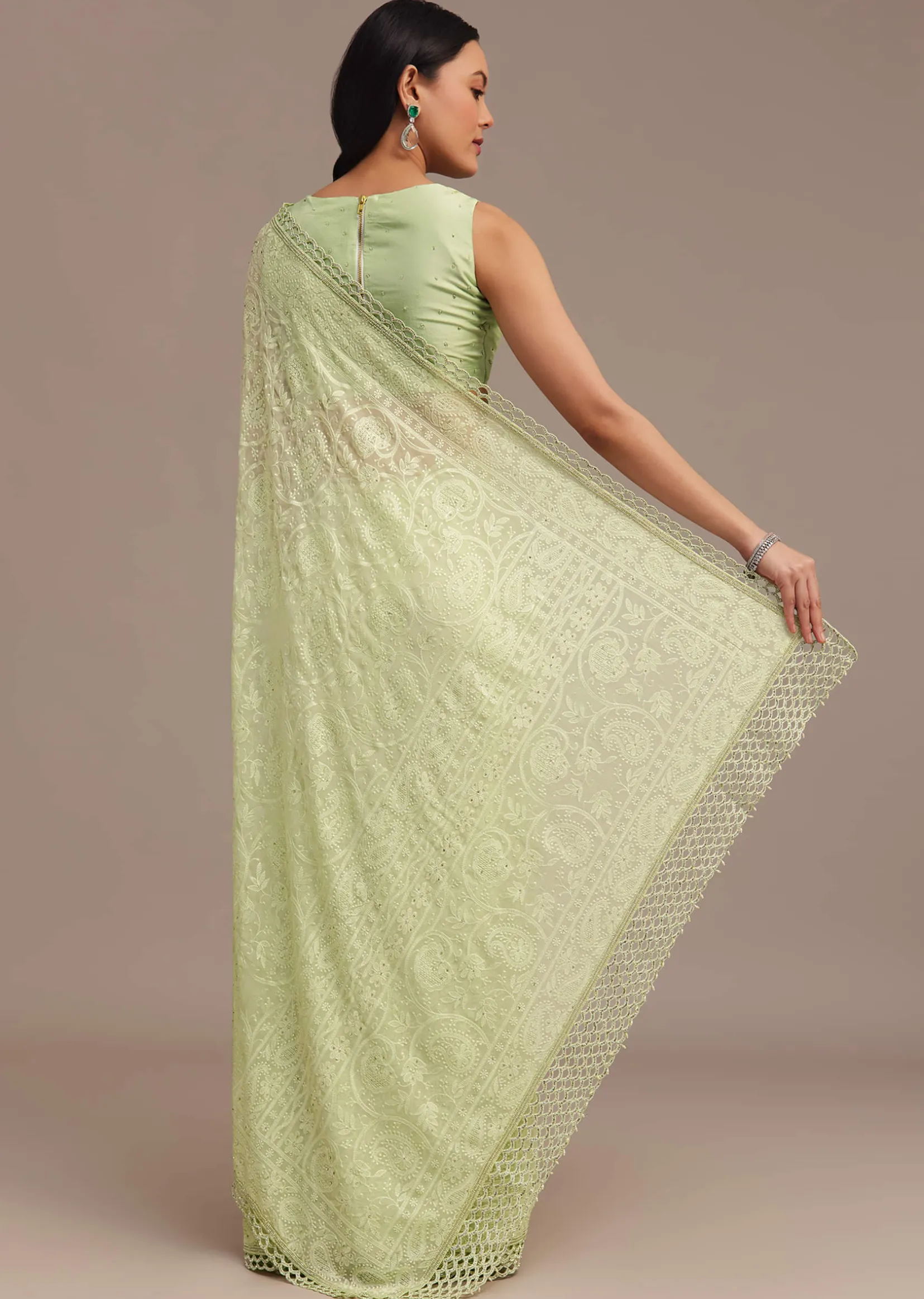 Light Green Chikankari Georgette Saree With Stone Embellishments