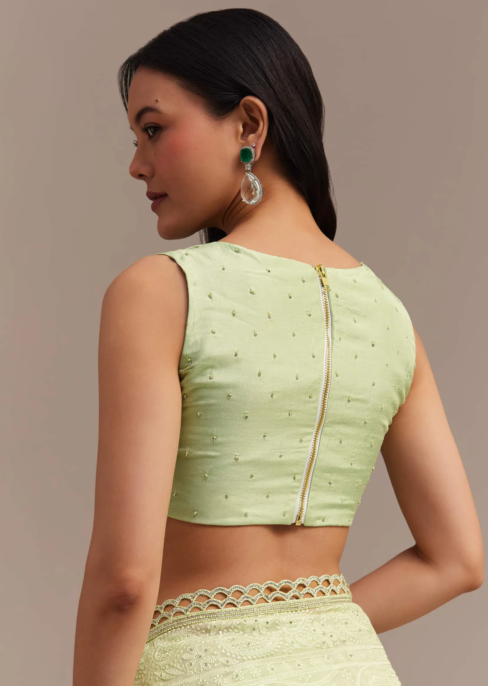 Light Green Chikankari Georgette Saree With Stone Embellishments