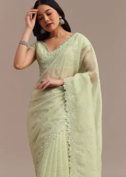 Light Green Crushed Tissue Saree With Resham Embroidered Border