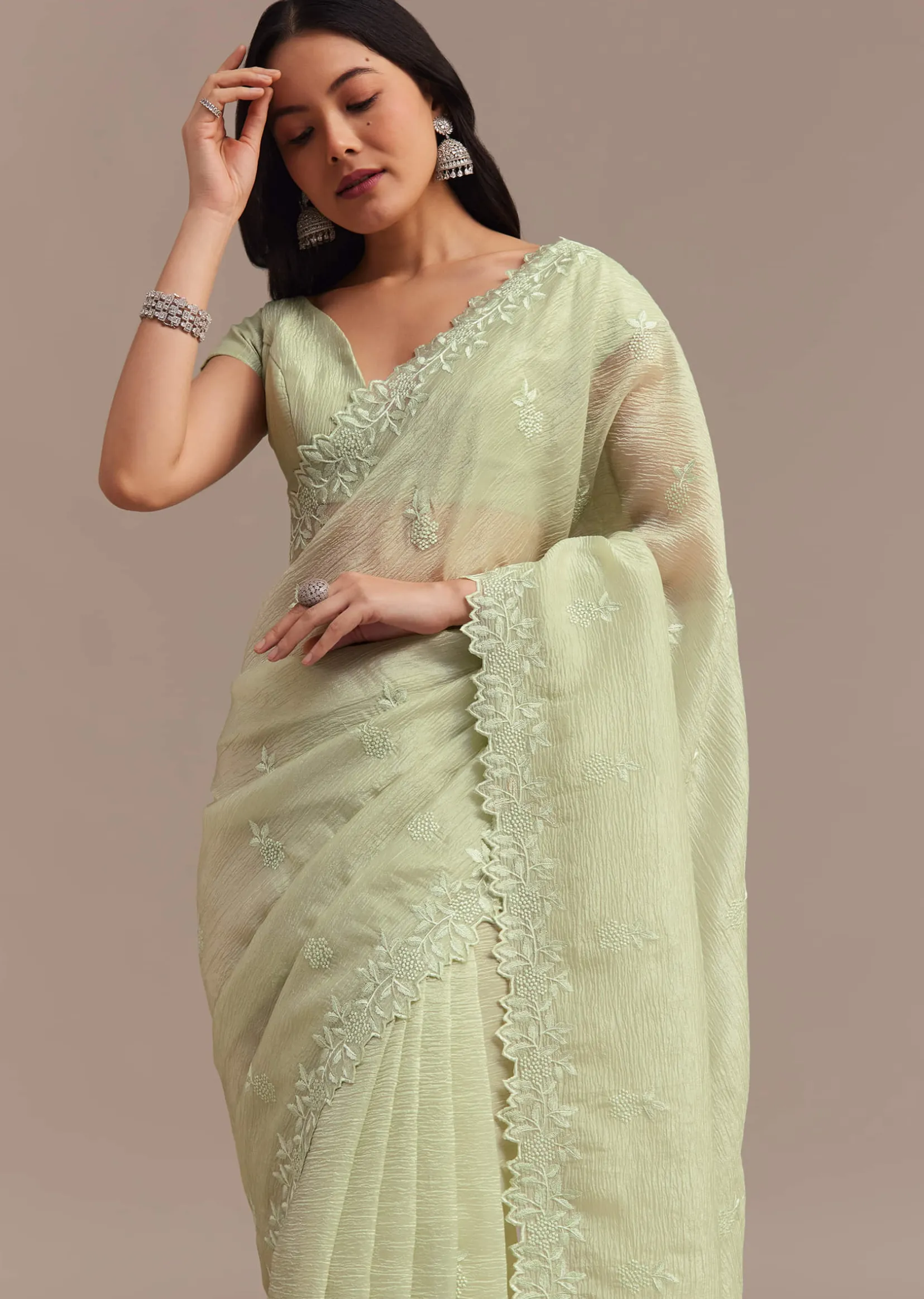 Light Green Crushed Tissue Saree With Resham Embroidered Border