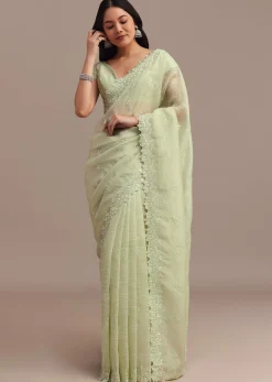 Light Green Crushed Tissue Saree With Resham Embroidered Border