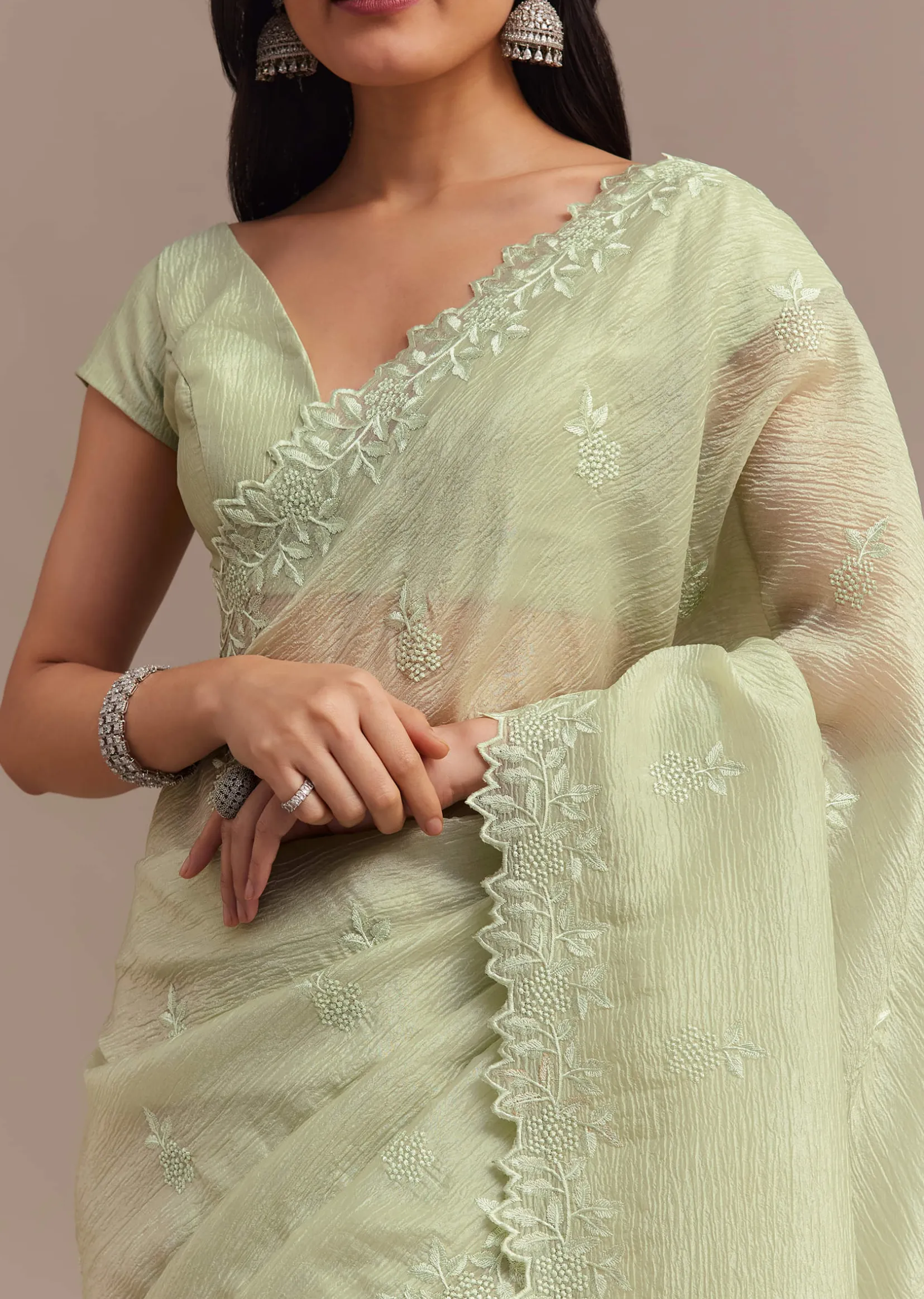 Light Green Crushed Tissue Saree With Resham Embroidered Border