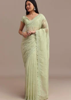 Light Green Crushed Tissue Saree With Resham Embroidered Border