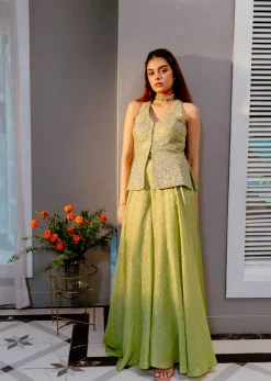 Light Green Embroidered Tissue Kurta Palazzo With Dupatta