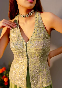 Light Green Embroidered Tissue Kurta Palazzo With Dupatta