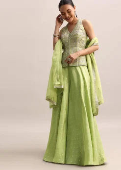 Light Green Embroidered Tissue Kurta Palazzo With Dupatta