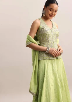 Light Green Embroidered Tissue Kurta Palazzo With Dupatta