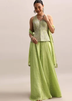 Light Green Embroidered Tissue Kurta Palazzo With Dupatta