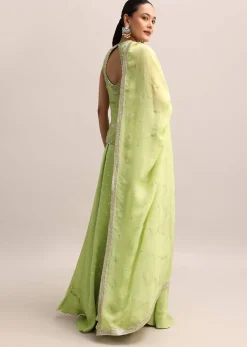 Light Green Embroidered Tissue Kurta Palazzo With Dupatta