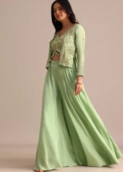 Light Green Embroidered Tissue Crop Top And Palazzo Suit