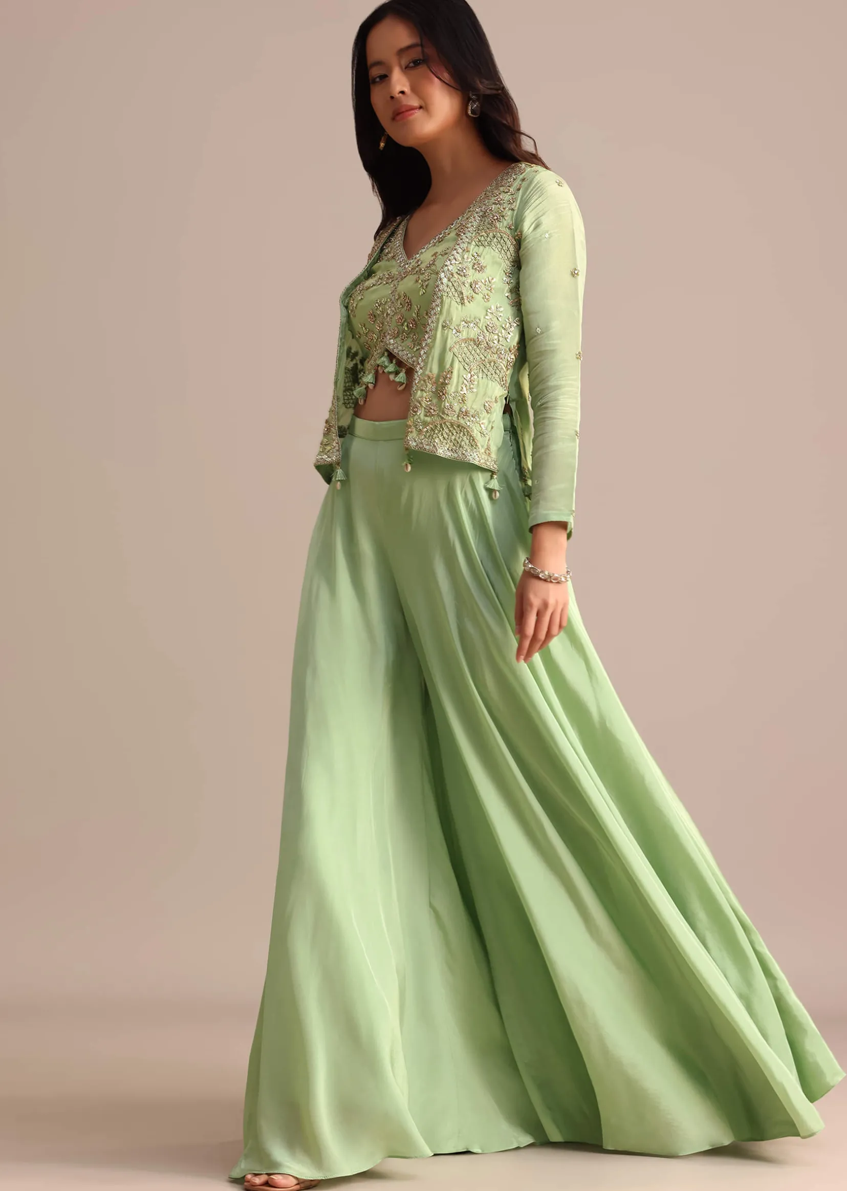 Light Green Embroidered Tissue Crop Top And Palazzo Suit
