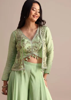 Light Green Embroidered Tissue Crop Top And Palazzo Suit