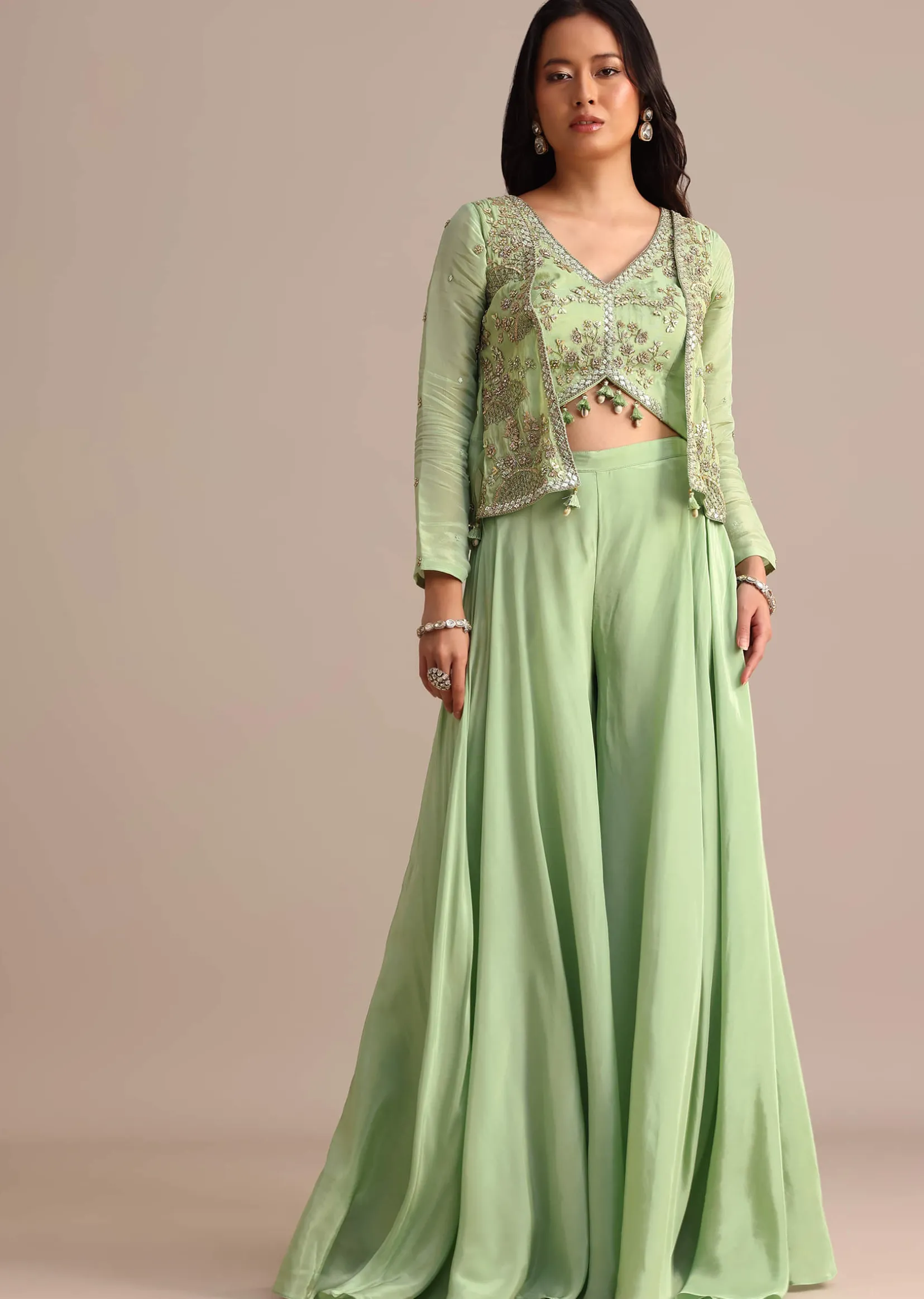 Light Green Embroidered Tissue Crop Top And Palazzo Suit