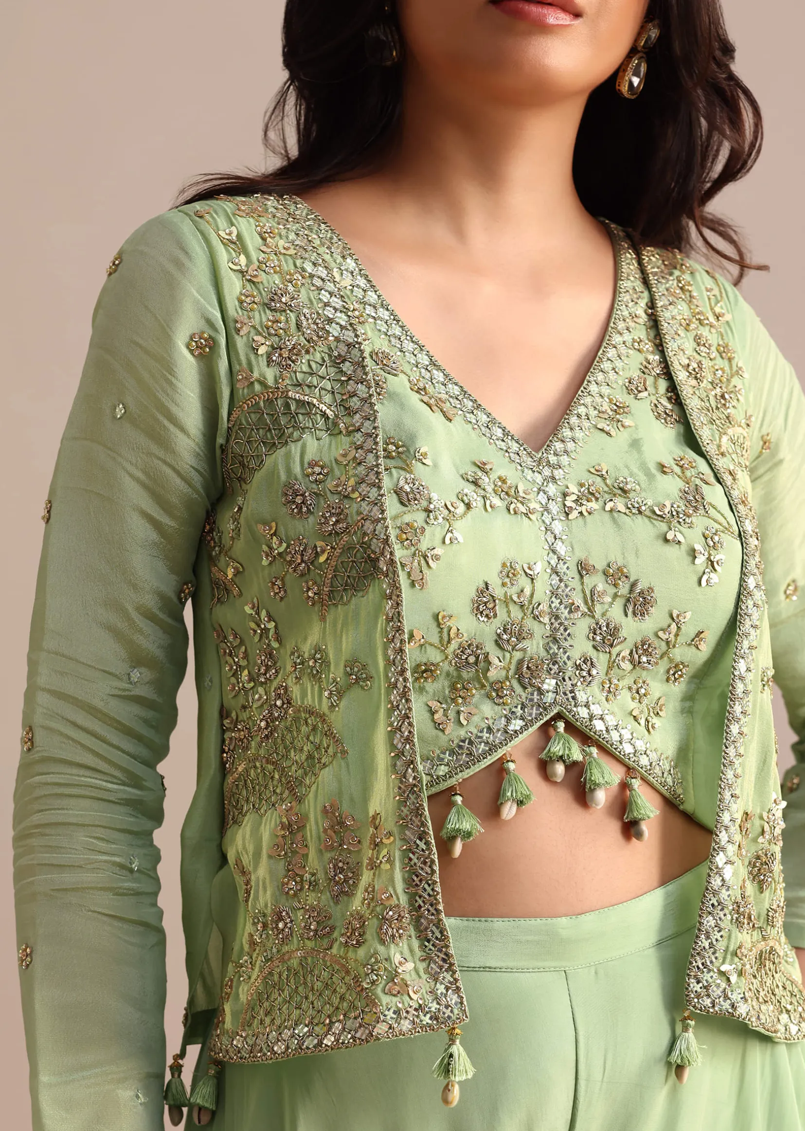 Light Green Embroidered Tissue Crop Top And Palazzo Suit