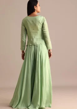 Light Green Embroidered Tissue Crop Top And Palazzo Suit