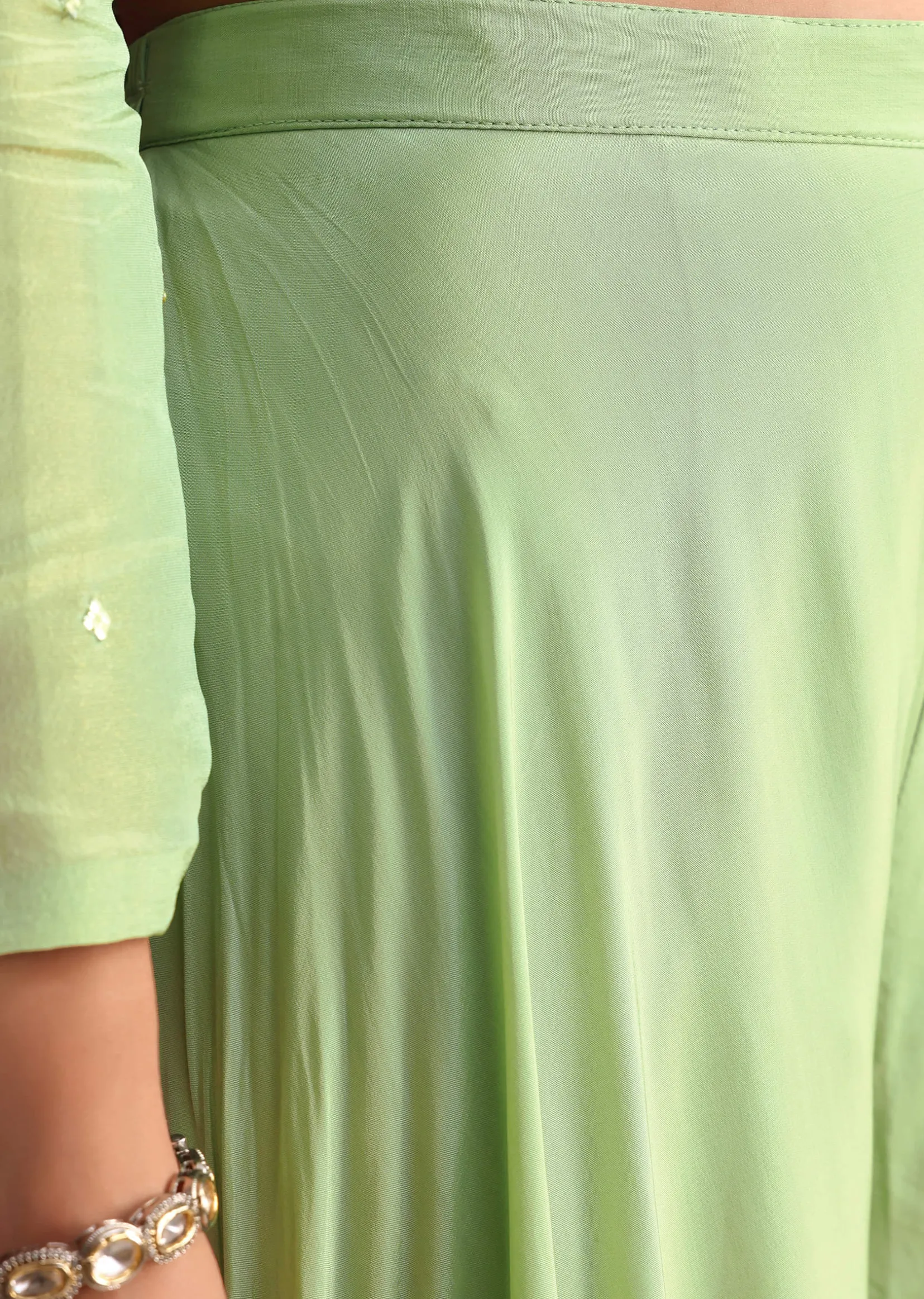 Light Green Embroidered Tissue Crop Top And Palazzo Suit