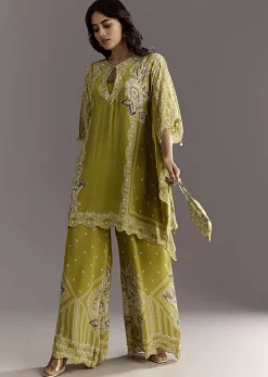 Light Green Floral Printed Kaftaan Kurta With Moti Work Palazzo And Side Pouch Bag