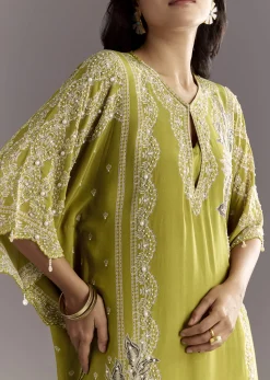 Light Green Floral Printed Kaftaan Kurta With Moti Work Palazzo And Side Pouch Bag