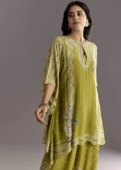 Light Green Floral Printed Kaftaan Kurta With Moti Work Palazzo And Side Pouch Bag